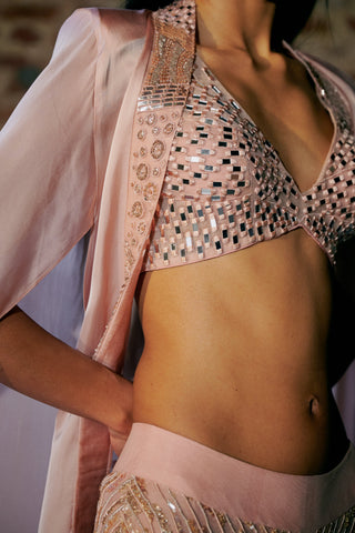 Close-up of the rose gold mirror tile blouse, the cape collar and the sequin sharara waistband by Asaga at Mrs. G