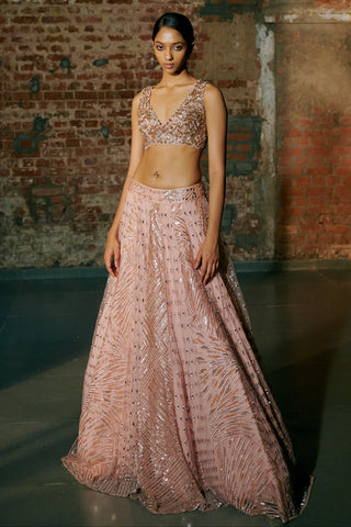 Front view of the rose gold tulle lehenga with mirror and sequin embroidery and a sleeveless V-neck blouse by Asaga at Mrs. G