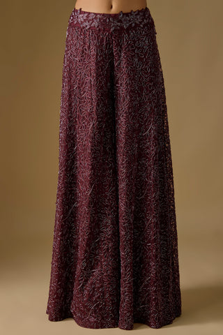 Detail of the wine sharara's tonal leaf and vine embroidery and leaf appliqué waistband by Asaga at Mrs. G