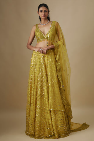 Front view of a yellow sequin chevron lehenga with a V-neck blouse and long net dupatta by Asaga at Mrs. G