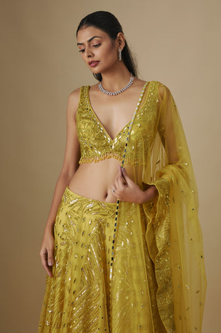 Waist-up view of the yellow mirror work V-neck blouse with a bead fringe and net dupatta by Asaga at Mrs. G