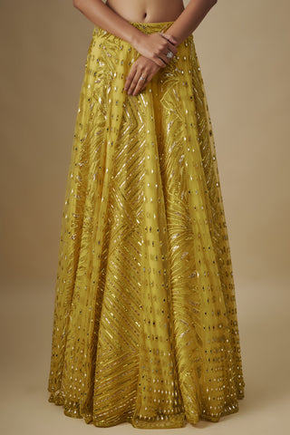 Close-up of the yellow skirt with sequin and mirror chevron lines by Asaga at Mrs. G