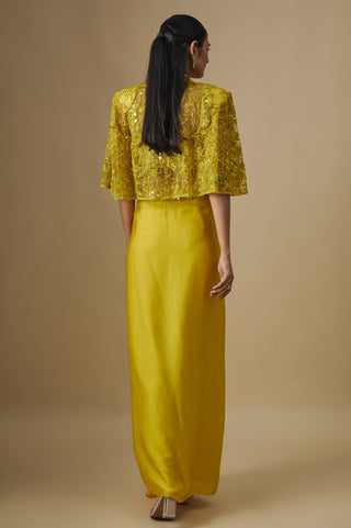 Back view of the yellow leaf embroidered net cape over the draped satin skirt by Asaga at Mrs. G