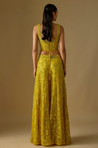 Back view of the yellow corset's lace-up back with tassel cords above the sequin vine sharara by Asaga at Mrs. G