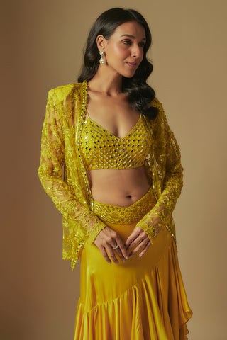 Waist-up close-up of yellow mirror work V-neck blouse under a sheer floral jacket by Asaga at Mrs. G