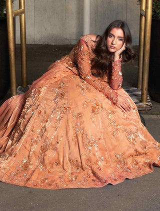 Orange pre-draped lehenga saree set