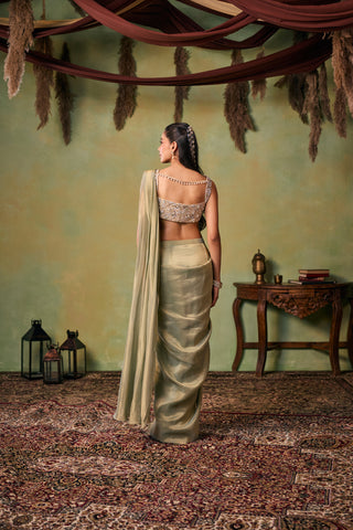 Pre-Stitched Saree for Indian Wedding - Gold and Green Maeve Saree Set by Seema Thukral at Mrs. G