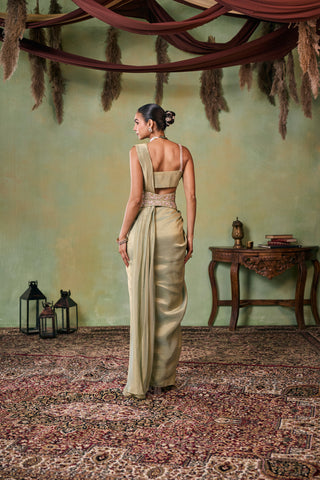 Pre-Draped Saree for Indian Wedding - Green Morley Saree Set by Seema Thukral at Mrs. G