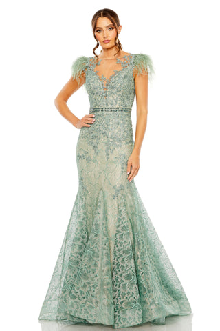 Full-length front view of the sage trumpet gown with feather cap sleeves and an illusion V-neckline by Mac Duggal at Mrs. G