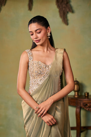 Pre-Stitched Saree for Indian Wedding - Gold and Green Maeve Saree Set by Seema Thukral at Mrs. G