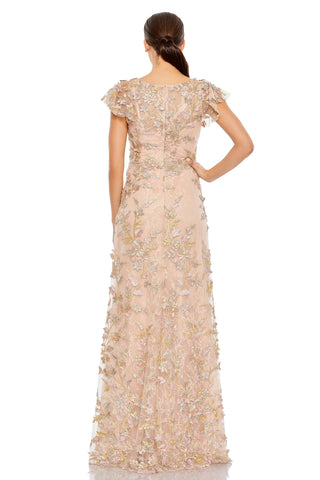 Back view of the rose gold applique gown showing the center zipper and gold-tone leaf florals by Mac Duggal at Mrs. G
