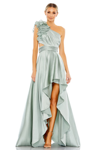 Full-length front view of the sage green one shoulder gown with ruffle shoulder and high-low hem by Mac Duggal at Mrs. G