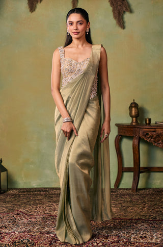 Pre-Stitched Saree for Indian Wedding - Gold and Green Maeve Saree Set by Seema Thukral at Mrs. G