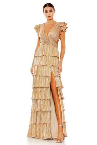 Full-length front view of the gold tiered ruffle gown with plunging V-neck and thigh-high slit by Mac Duggal at Mrs. G