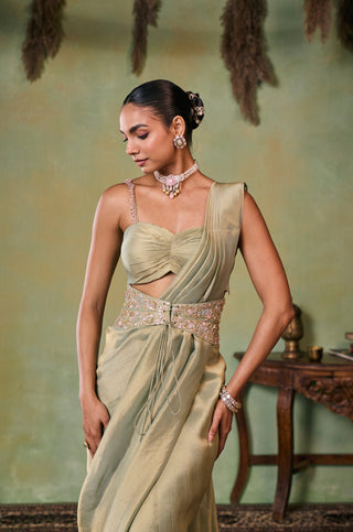 Pre-Draped Saree for Indian Wedding - Green Morley Saree Set by Seema Thukral at Mrs. G