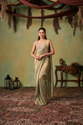Pre-Stitched Saree for Indian Wedding - Gold and Green Maeve Saree Set by Seema Thukral at Mrs. G