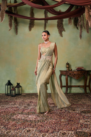 Pre-Draped Saree for Indian Wedding - Green Morley Saree Set by Seema Thukral at Mrs. G