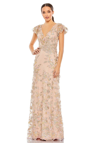 Full-length front view of the rose gold applique gown with wrap-over V-neck and flutter sleeves by Mac Duggal at Mrs. G