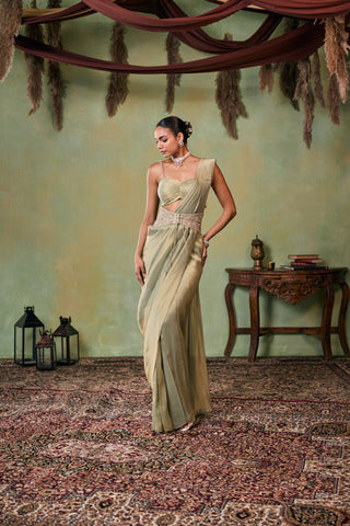 Pre-Draped Saree for Indian Wedding - Green Morley Saree Set by Seema Thukral at Mrs. G