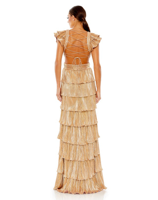 Back view of the gold tiered ruffle gown showing the lace-up open back and ruffled cap sleeves by Mac Duggal at Mrs. G