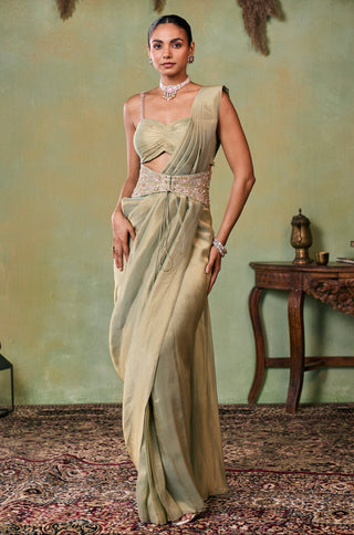 Pre-Draped Saree for Indian Wedding - Green Morley Saree Set by Seema Thukral at Mrs. G