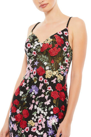 Zoomed-in close-up of the sweetheart neckline, beaded straps and red rose embroidery by Mac Duggal at Mrs. G