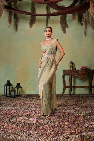 Pre-Draped Saree for Indian Wedding - Green Morley Saree Set by Seema Thukral at Mrs. G