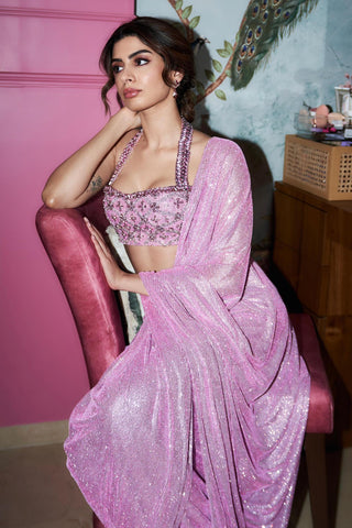 Draped Saree for Indian Weddings – Pink Mystic Embellished Set by Itrh