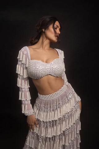 Lehenga for Indian Bridal Wear – Pink Piroi Chandelier Pearl Drop Full Sleeve by Vvani By Vani Vats