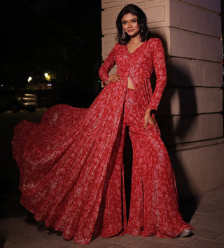 Red printed elara anarkali top with pant
