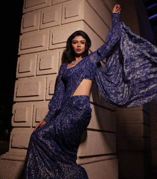 Navy blue printed elara pre-draped saree