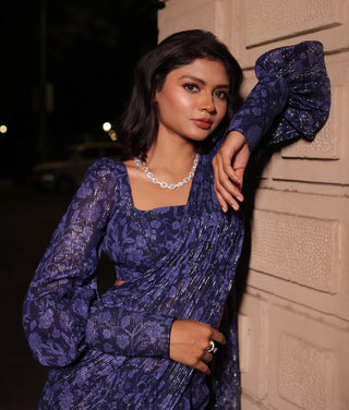 Navy blue printed elara pre-draped saree