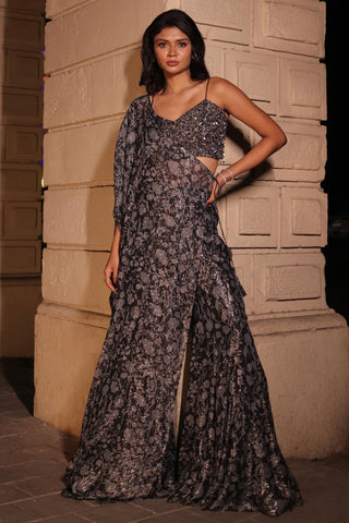 Black printed elara dupatta cape with blouse and pant