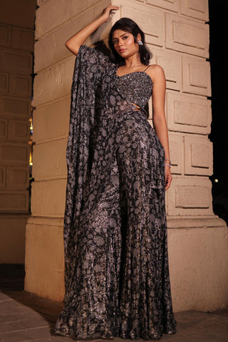 Black printed elara dupatta cape with blouse and pant