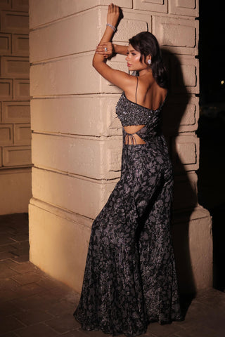 Black printed elara dupatta cape with blouse and pant