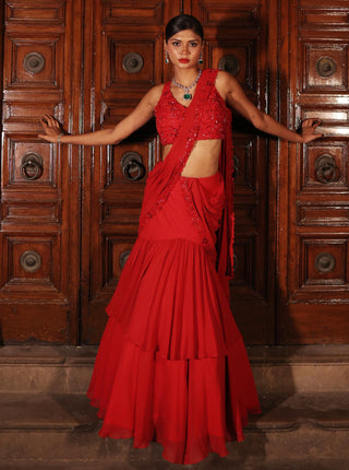Red elara pre-draped saree with embellished blouse