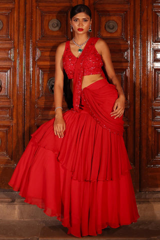 Red elara pre-draped saree with embellished blouse