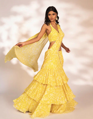 Amani yellow printed pre-draped saree and blouse
