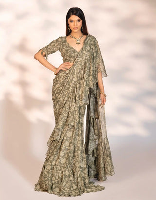 Milly green printed ruffled saree and blouse