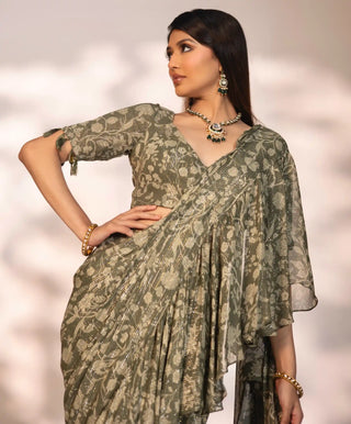 Milly green printed ruffled saree and blouse