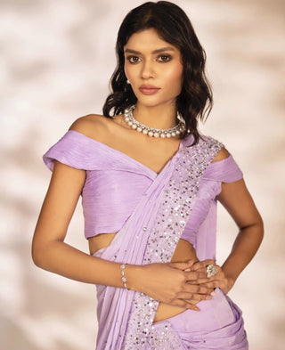 Pearl purple pre-draped saree and blouse