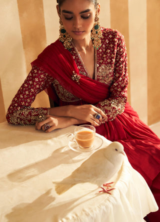 Red qasida hunar short anarkali set