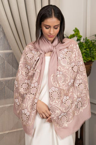 Stole Indian Wedding - Pink Floral Crest Wool Silk by Mauli