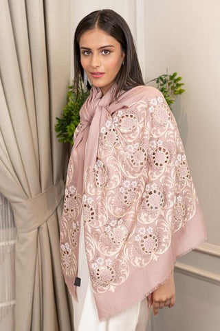 Stole Indian Wedding - Pink Floral Crest Wool Silk by Mauli