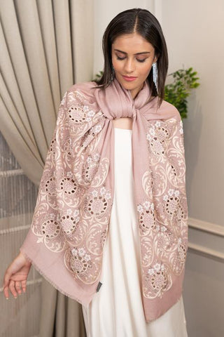 Stole Indian Wedding - Pink Floral Crest Wool Silk by Mauli