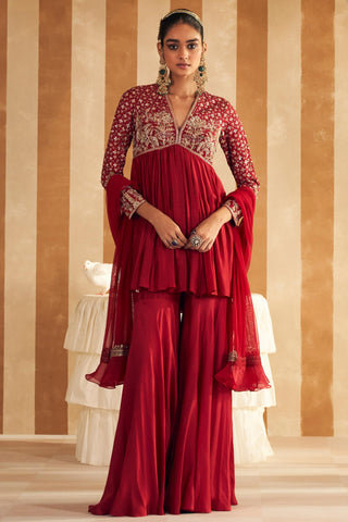 Red qasida hunar short anarkali set