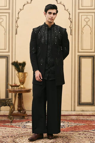 Jacket Set for Indian Wedding - Black Polki Kaala Satin Jacket Set by Itrh at Mrs. G