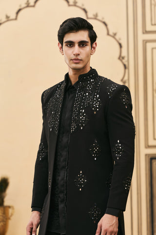 Jacket Set for Indian Wedding - Black Polki Kaala Satin Jacket Set by Itrh at Mrs. G