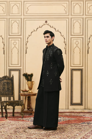 Jacket Set for Indian Wedding - Black Polki Kaala Satin Jacket Set by Itrh at Mrs. G
