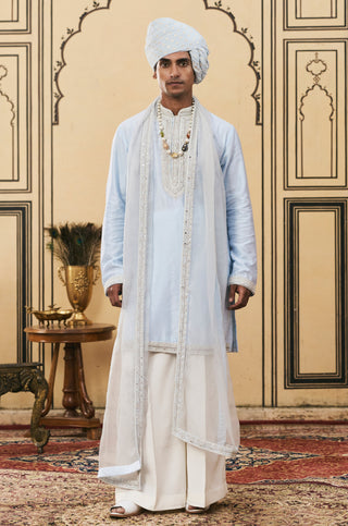 Kurta Set for Indian Wedding - Blue Polki Falsai Chanderi Kurta Set by Itrh at Mrs. G